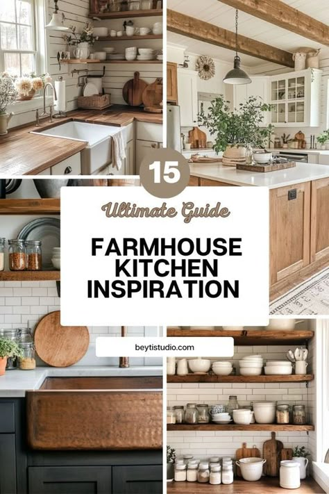 Looking to refresh your kitchen with farmhouse style? Check out these 15 beautiful and practical farmhouse kitchen ideas that blend rustic charm with modern elegance. Add warmth and coziness to your home today! #FarmhouseStyle #KitchenMakeover #HomeDecorIdeas Modern Rustic Farmhouse Kitchen Simple, Farmhouse Kitchen Theme Ideas, Farmer Kitchen Farmhouse Style, Farmhouse Kitchen Makeover On A Budget, Farmhouse Kitchen Organization Ideas, Farmhouse Kitchens 2024, Modern Rustic Farmhouse Decor, Practical Magic Kitchen Inspiration, Farm Houseplans Interior Design Kitchen