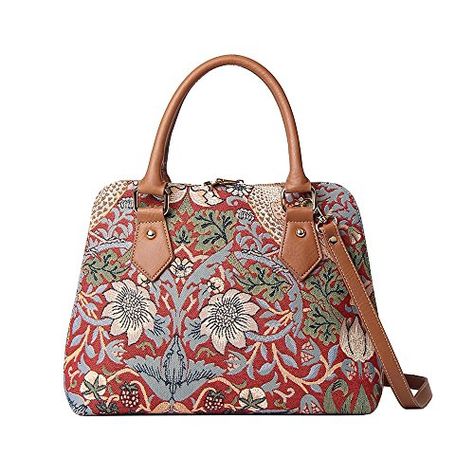 William Morris Strawberry Thief Tapestry Top Handle Handbag Shoulder Bag by Signare Red Convertible, William Morris Strawberry Thief, Tapestry Handbags, Strawberry Thief, Handbag Essentials, Tapestry Bag, Convertible Bags, Top Handle Handbags, Red Flower