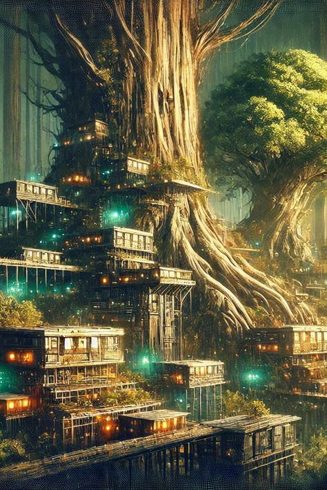 Step into a mesmerizing tree city nestled within ancient forests. 🌳✨ This fantastical world showcases a seamless blend of architecture and nature, with homes and pathways integrated into colossal trees. Discover the magic of living in harmony with nature. Visit for more inspiration. #FantasticalCity #NatureLovers #EcoArchitecture #FantasyWorld #TreeCity Fantasy Market, Living In Harmony, In Harmony With Nature, Eco Architecture, Harmony With Nature, Anime Backgrounds, Ancient Forest, Green Technology, Ancient Tree