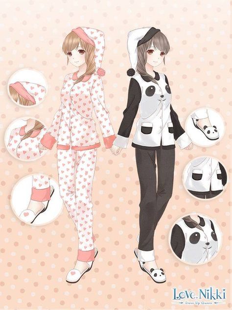 Panda Dreamland | Heart Pajamas Anime Pajamas, Outfit Drawings, Heart Pajamas, Love Nikki, Clothing Sketches, Nikki Love, Pajama Outfits, Anime Sisters, Cartoon Outfits