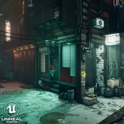 Alleyway Concept Art, Sci Fi Alleyway, Cyberpunk Poor City, Cyberpunk Back Alley, Cyberpunk Alley, City Alley, Post Apocalyptic Cityscape, No Baked, Japanese Neighborhood