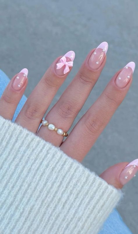 Pink Ribbon Nails, Bow Nail Designs, Pink White Nails, Cute Pink Nails, Cute Simple Nails, Girly Acrylic Nails, Summery Nails, Pink Acrylic Nails, Minimalist Nails