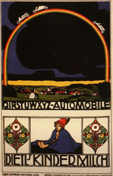 Rainbow automobile car ad by Moriz Jung, Wenzel Oswald, and Gustav Marisch, which reflects the experimental nature of both form and content during the Wiener Werkstatte. This ad uses the contrast of a vibrant rainbow over dark clouds to presumably emphasize the almost divine beauty of the cars. The colours seem fairly bizarre but the very idea of cars traveling over a rainbow bridge makes the former pale in comparison. Lithograph Car Factory, Koloman Moser, Vienna Secession, Art Nouveau Poster, Bauhaus Poster, Postcard Printing, Scandinavian Art, Arts And Crafts Movement, Botanical Wall Art