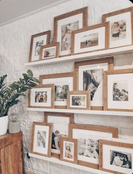 Rustic Photo Collage Wall, Photo Gallery Shelf, Gallery Wall With Shelves And Pictures, Wall By Stairs Decor, Picture Shelf Wall Ideas, Pictures On Shelves On Wall, 4x6 Photo Wall Collage Ideas, Picture Shelf Wall, Photo Shelves