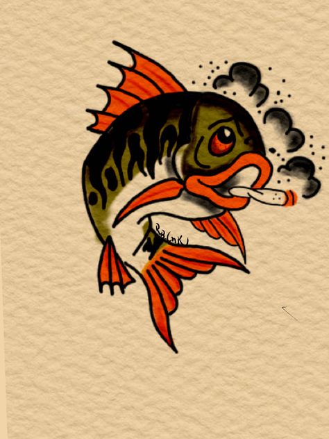 Trad Fish Tattoo, American Traditional Tattoos Men Old School, American Traditional Tattoos Funny, American Tradional Tattoos, Traditional Tattoo Fish, Oldschool Tattoo Traditional Colour, Old School Fish Tattoo, Fish Flash Tattoo, Small Colour Tattoo