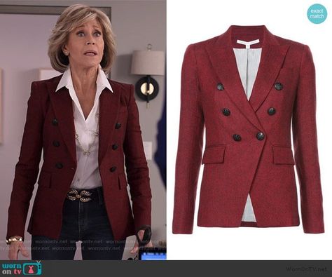 Miller double breasted jacket by Veronica Beard worn by Grace (Jane Fonda) on Grace & Frankie Grace And Frankie Wardrobe, Brianna Hanson, Jane Fonda Style, Custom Blazer, Blazer Ideas, Grace Clothing, Wardrobe Images, Grace And Frankie, Cute Office Outfits