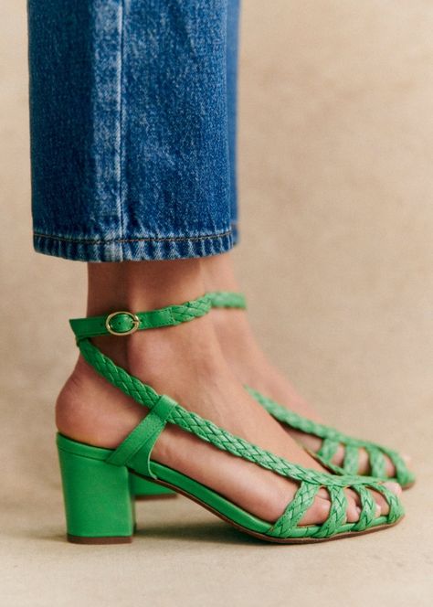 Natacha Sandals - Bright green woven - Smooth ovine leather - Sézane Woven Sandals, Wrap Heels, Inspiration Mode, Shoe Lover, Mode Inspiration, Rubber Heels, Bright Green, Parisian Style, Passion For Fashion