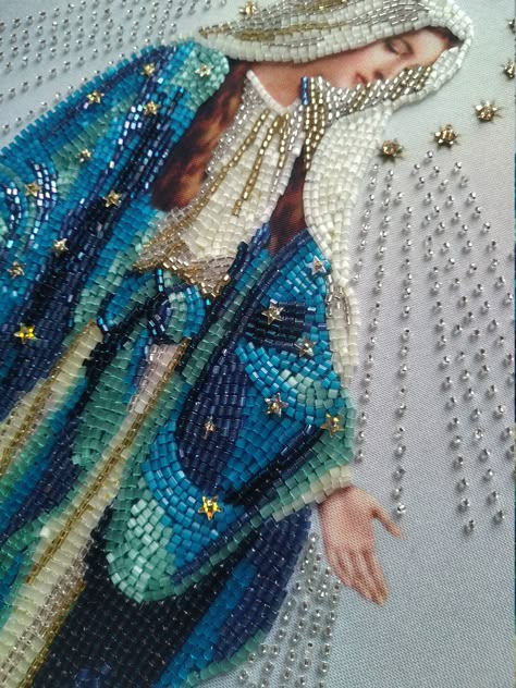 "Exquisite bead embroidery kits Holy Virgin Mary, christian embroidery kit, needlework kit, hand embroidery, gift idea, Orthodox icon, beading pattern from Ukraine. It's very extremely bright and beautiful. The Natural satin canvas used in these kits is designed to bear the weight of the beads and will keep its shape over time. Will be an excellent gift for any occasion. Your Bead Embroidery kits \"Icon Blessed Virgin Mary\" include design printed in full color on durable natural satin canvas, g Beaded Pictures On Canvas, Bead Embroidery Art, Embroidery Beads Designs, Bead Art On Canvas, Bead Embroidery Ideas, Virgin Mary Embroidery, Mary Embroidery, Embroidery Gift Ideas, Bead Work Embroidery