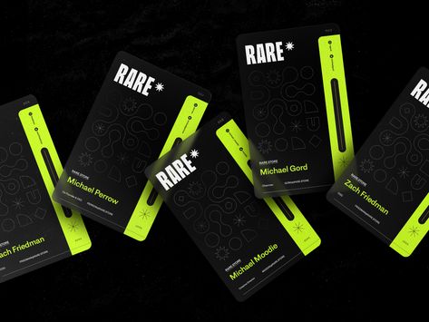 RARE.STORE Business Cards Business Card Design Graphic Designer, Ui Card Design, Visit Card Design, Negative Space Graphic Design, Business Card Layout Design, Visit Cards, Agency Business Cards, Logo Design Color Palette, Designer Business Card