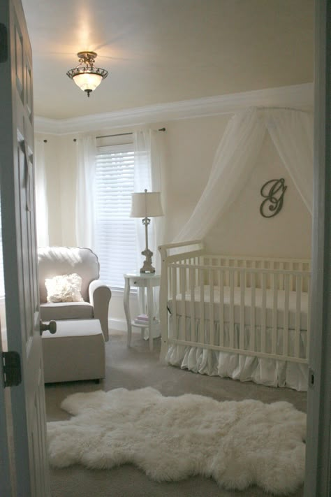 I can't let go of color, myself... but this nursery is a complete dream. Even the rug looks like a cloud. So lovely. Vintage Baby Girl Nursery, Gold Nursery, White Nursery, Vintage Baby Girl, Nursery Baby Room, Baby Bedroom, Baby's Room, Nursery Inspiration