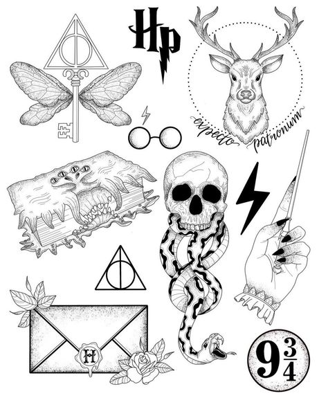 Harry Potter Tattoo Sleeve, Harry Tattoos, Hp Tattoo, Christian Sleeve Tattoo, Theme Harry Potter, Harry Potter Tattoos, Harry Potter Tattoo, Racun Shopee, Harry Potter Drawings