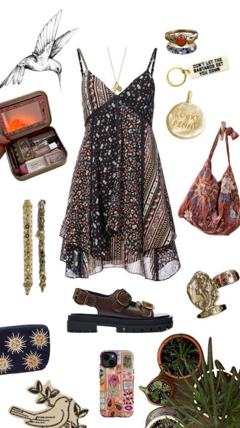 Spring summer outfit inspo Whimsical Summer Outfit, Earthy Style Outfits, Cristal Aesthetic, Fairy Witch Aesthetic, Fairy Cowgirl, Witchy Summer, Hippie Aesthetic, Earthy Style, Corset Midi Dress