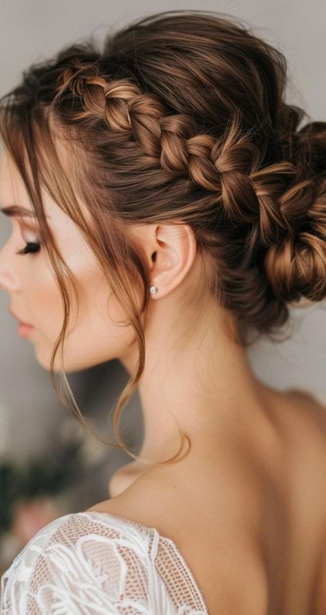 Discover 30 stunning braided bun hairstyles that are perfect for any season. These buns add a touch of elegance and sophistication to any look, making them ideal for both work and play. From classic to contemporary styles, find the braided bun hairstyle that suits your personality and enhances your natural beauty. Wedding Updos Braids, Wedding Updo Front View Low Buns, Boho Bridal Bun, Wedding Messy Bun Hairstyles, Bridal Hair Updo Plait, Low Bun Wedding Hair With Braid, Braid With Bun Hairstyles, Hair Bun With Braid, Low Bun With Braid Wedding Hair