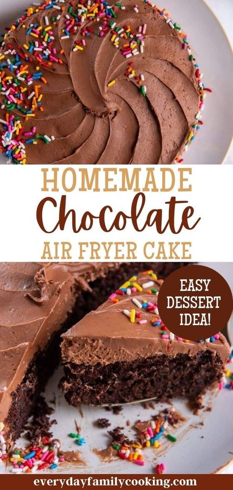 Need a cake for dessert or a birthday in a pinch? The air fryer is here to save you! This recipe's result is the most delicious, moist, and chocolatey cake you've ever had. It's made super easily in the air fryer and cooks up more quickly than if it baked. Frost with your favorite frosting and serve it up to your guests! Air Fryer Recipes Uk, Air Fryer Cake, Air Fryer Cake Recipes, Air Fryer Recipes Dessert, New Air Fryer Recipes, Oven Recipe, Homemade Chocolate Cake, Easy Chocolate Cake, Air Fryer Recipes Chicken