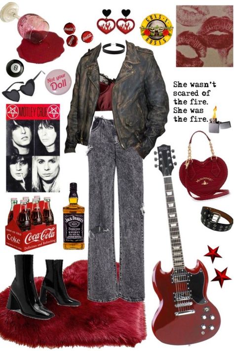 Rocker 80's Outfit, 80 Rockstar Outfit, Rock N Roll Outfit Ideas, Rock And Roll Aesthetic Outfit 80s, 90s Rock Fashion 1990s, Metal Band Outfits Women, 80s Fashion For Women Rock, Rock N Roll Clothes, Metal Rock Aesthetic Outfit