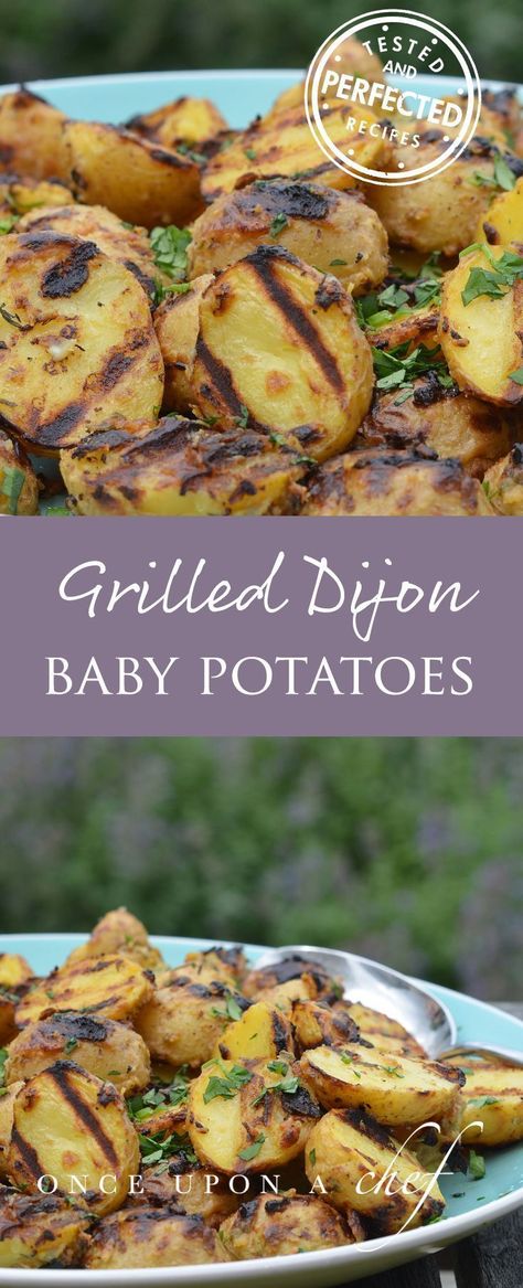 These easy Grilled Baby Potatoes with Dijon Mustard & Herbs are delicious! The thick Dijon mustard marinade gives them a crispy texture and bold flavor. The key to grilled potatoes is to fully cook the potatoes before they ever hit the grill. #grilledpota Dijon Mustard Marinade, Grilled Baby Potatoes, Mustard Marinade, Once Upon A Chef, Thyme Recipes, Grilled Potatoes, Baby Potatoes, Potato Dishes, Vegetable Sides