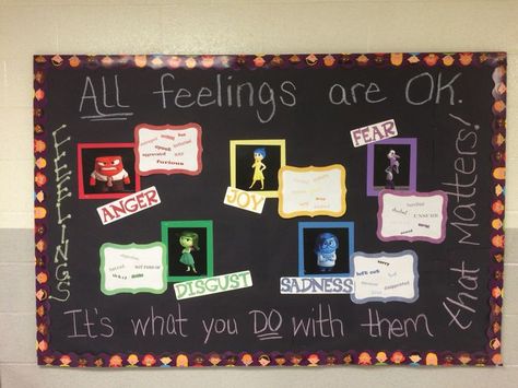 Inside Out bulletin board                                                                                                                                                                                 More School Counseling Bulletin Boards, Counseling Bulletin Boards, Nurse Bulletin Board, Counseling Office, Disney Classroom, Mindy Kaling, School Displays, Ra Ideas, School Social Work