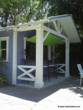 snack-shack shows nice x railing and posts, gable trim Shed With Bar, Grill Shack, Entry Addition, Backyard Bar Shed, Bar Window, Gable Trim, Pool Shed, Shed Of The Year, Snack Shack