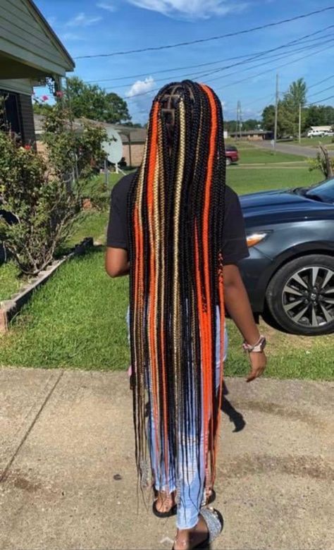 Back To School Hairstyles Braids With Color, Black Blue And Blonde Knotless Braids, Long Knotless Box Braids With Color, Color Box Braids For Black Women, Box Braids Orange, Braid Color Ideas, Orange Braids, Orange Blonde, Braids Styling