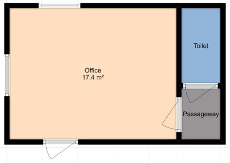 An improved floor plan with a good size office area and then a small toilet/bathroom area to the right: but only accessible via a separate passageway. Backyard Office With Bathroom, Office Shed With Bathroom, Guest Shed With Bathroom, She Shed Salon Ideas, Shed With Bathroom, She Shed With Bathroom, Shed Salon Ideas, She Shed Salon, Guest House Shed