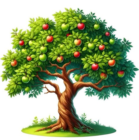 Tree With Fruits Drawing, Cartoon Tree Png, Tree Png Photoshop, Fruit Tree Drawing, Apple Tree Drawing, Animated Birds, Turntables Art, Grass Png, Village Background