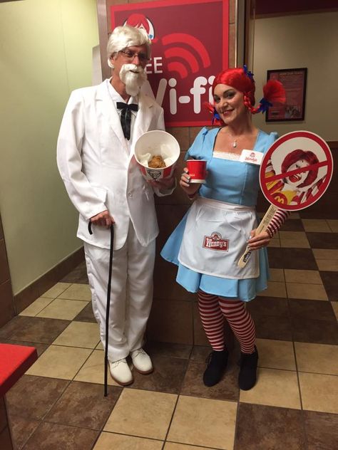 Colonel Sanders and Wendy Wendys Halloween Costumes, Wendy's Costume Fast Food, Wendy Costume Fast Food, Wendy’s Costume, Wendys Costume, Colonel Sanders Costume, Wendy Outfit, Wendys Girl, Wendy Costume