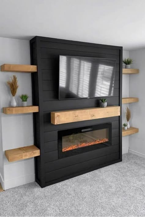 Modern Shiplap Fireplace, Shiplap Fireplace Ideas, Modern Shiplap, Minecraft Basement, Build A Fireplace, Fireplace Tv Wall, Shiplap Fireplace, Living Room Decor Fireplace, Accent Walls In Living Room