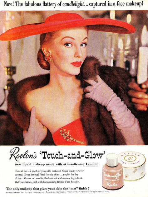 Oh how I want that massively wide brimmed tomato red hat! #1950s #hat #glamour #Revlon #vintage #ad #makeup #cosmetics Revlon Cosmetics, 1950s Hats, Vintage Makeup Ads, Makeup Ads, Postal Vintage, Retro Beauty, Beauty Ad, Fashion 1950s, Vintage Cosmetics