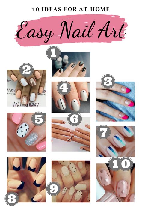 10 Easy Nail Art Ideas for an at-home Manicure! - The B-List Blog Nail Art Ideas At Home Easy Diy, Uv Gel Nails Designs, Easy Diy Nail Art For Beginners, Short Gel Nails Summer, Gel Nails Summer, Simple Summer Nails, Simple Spring Nails, Nail Art Diy Easy, Halloween Nails Easy