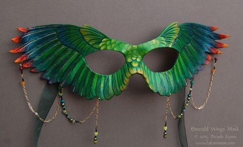 Emerald Wings Leather Mask with Beads by windfalcon.deviantart.com on @DeviantArt Handmade Fantasy Masquerade Mask, Nature Themed Masquerade Mask, Wing Mask Masquerade, Hummingbird Mask, Hummingbird Costume, Masquerade Bird Mask, Raven Wings, Feather Mask, Bird Masks