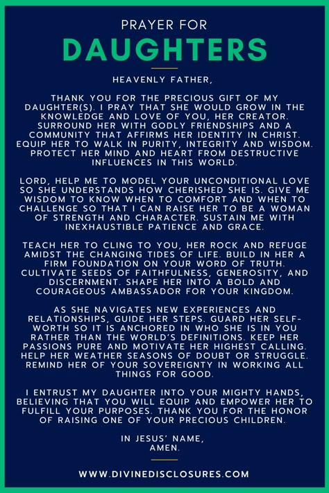 As a parent, there's nothing more precious than praying for your daughter's well-being and future. This heartfelt prayer for daughters seeks God's protection, guidance, and blessings over your daughter's life. Share these uplifting words to cover your little girl in prayer, asking for wisdom, strength, and a close relationship with the Lord. #prayforordaughter #daughtersprayer #blessourkids #guidingourkids #godlyparenting #raisingstrongdaughters Prayer For My Daughters Protection, Prayers For My Teenage Daughter, Prayers For Daughters Relationships, Prayers For Teenage Daughter, Prayer For Daughter Protection, Prayer For Daughter Encouragement, Prayer For My Daughter Protection, Prayer For Daughters, Prayer For Your Daughter