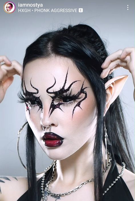 Gothic Elf Makeup, Dark Drag Makeup, Witches Make Up, Cybersigilism Makeup, Gothic Glam Makeup, Assassin Makeup, Black Heart Makeup, Goth Drag Makeup, Lilith Makeup