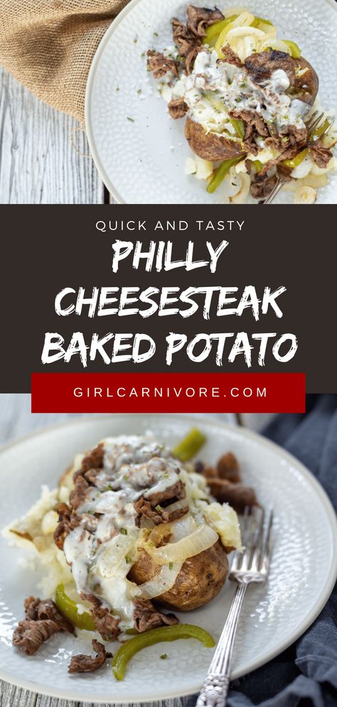 Philly Cheese Steak Baked Potato, Cheesesteak Baked Potato, Shaved Steak Recipe, Steak And Baked Potato, Shaved Beef, Shaved Steak, Easy Baked Potato, Dinner Suggestions, Potato Girl