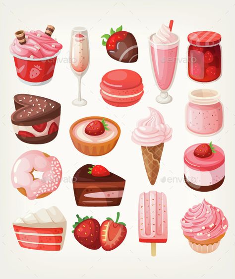 Set of delicious sweets and desserts with strawberry flavor for valentine day icons. Vector illustrations. Chocolate And Strawberry Desserts, Strawberry Sweets, Valentine Strawberries, Desserts Drawing, Food Prints, Chocolate And Strawberry, Dessert Illustration, 귀여운 음식 그림, Draw Ideas