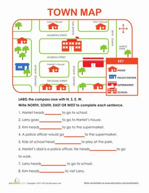 Here's a fun exercise with directions, north, south, east and west! Mail carrier must know where and how to deliver the mail. Easy fun map for beginning map skills. Directions Worksheet, Teaching Maps, Map Illustrations, App Dashboard, Geography Worksheets, Cardinal Directions, Map Worksheets, Homeschool Geography, Homeschool Social Studies