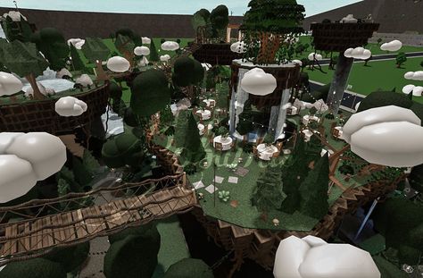 Village Layout Bloxburg, Bloxburg Mushroom Village, Bloxburg Forest Cottage, Bloxburg Enchanted Forest, Camp Bloxburg, Forest Bloxburg, Bloxburg Forest House, Fairy Village Bloxburg, Bloxburg Plot Ideas