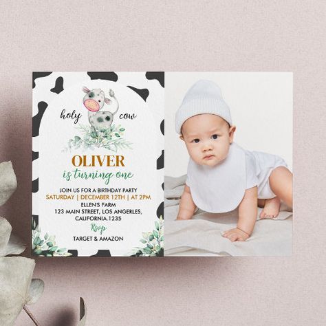 Holy Cow I'm One First Birthday Invitation for $2.95 - Birthday Invitations 95 Birthday, Show Gratitude, Cow Birthday, Birthday Thank You Cards, Photo Thank You Cards, Farm Theme, Holy Cow, Invite Friends, First Birthday Invitations