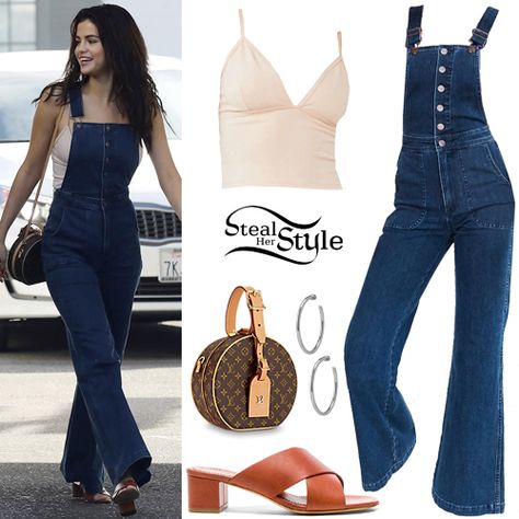 Selena Gomez Style, Clothes & Outfits | Steal Her Style | Page 6 Selena Gomez Inspired Outfits, Selena Gomez Outfits Summer, Selena Gomez Casual Outfits, Selena Gomez Clothes, Bell Bottom Overalls, Selena Outfits, Overalls Brown, Selena Gomez Street Style, Estilo Kylie Jenner