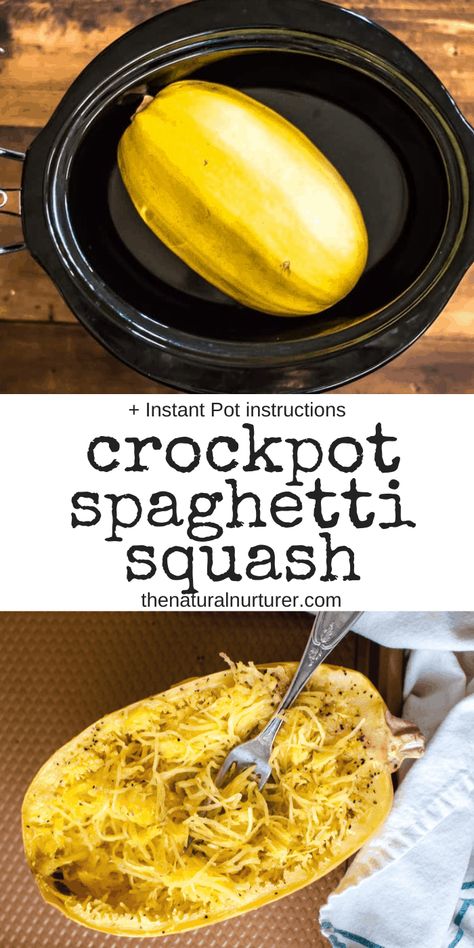 Crockpot spaghetti squash makes this versatile veggie super easy! This healthy slow cooker recipe is perfect for busy days and a great way to get veggies on the table for dinner! #healthycrockpot #healthyslowcooker #slowcookersquash #slowcookerveggie Squash Instant Pot, Crockpot Spaghetti Squash, Squash Dinner, Pesto Spaghetti Squash, Natural Nurturer, Spaghetti Squash Recipes Easy, Primal Living, Cooking Spaghetti Squash, Crockpot Spaghetti