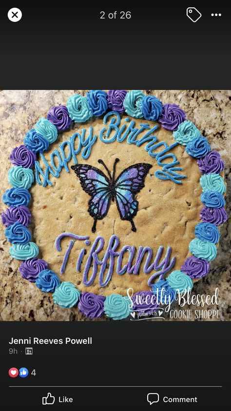 Butterfly Cookie Cake, Birthday Cookie Cake, Giant Cookie Cake, Message Cookies, Cookie Cake Decorations, Cookie Cake Designs, Birthday Butterfly, Butterfly Cookies, Cooking Mama