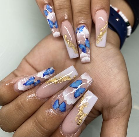 Butterfly And Clouds Nails, Butterfly And Cloud Nails, Butterfly Cloud Nails, Blue And Gold Butterfly Nails, Butterfly Foil Nails, White Nails With Blue Butterflies, Buterfluffy Nails, Light Blue Butterfly Nails, Nails With Gold Butterflies