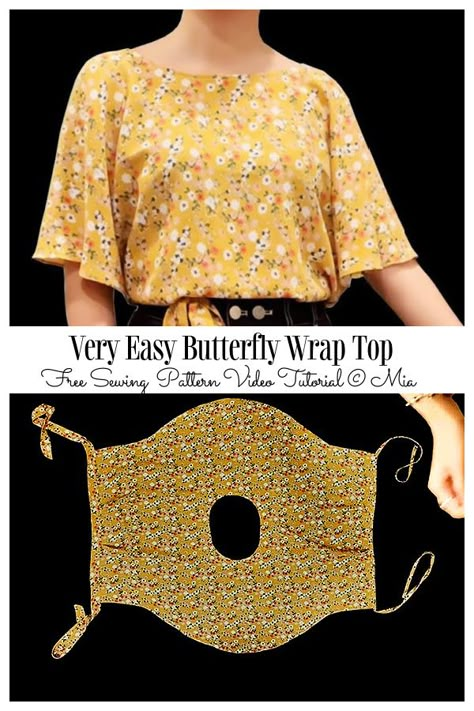 Wrap Sewing Pattern Free, Diy Women Clothes, Vintage Crochet Tops Free Pattern, One Size Fits All Sewing Patterns, Minimal Sewing Pattern, Wrap Around Top Pattern, Wrap Top Sewing Pattern Free, Easy Garments To Sew, Free Sewing Patterns Plus Size