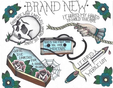 Traditional tattoos Brand New Lyrics, Brand New Tattoos, Punk Tattoo, Lyric Tattoos, Tattoo Flash Sheet, Music Tattoos, Band Tattoo, American Traditional Tattoo, Flash Art