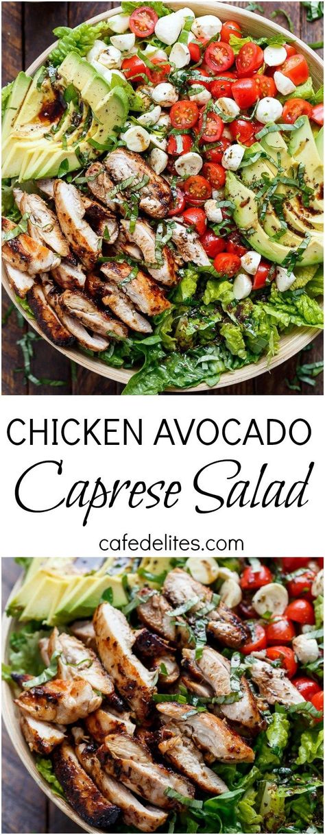 Balsamic Chicken Avocado Caprese Salad is a quick and easy meal in a salad drizzled with a balsamic dressing that doubles as a marinade! | http://cafedelites.com Avocado Caprese Salad, Chicken Avocado Caprese, Salad Caprese, Avocado Dessert, Resep Salad, Balsamic Chicken, Makanan Diet, Chicken Avocado, Healthy Salad Recipes