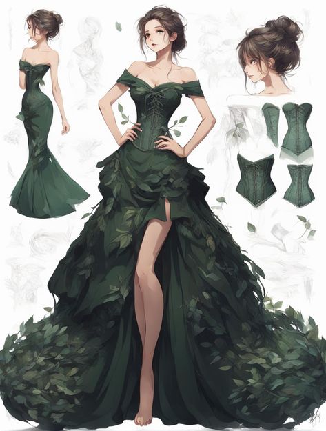 Green Prom Dress Outfit, Fantasy Formal Wear, Green Dress Drawing, Green Dress Aesthetic, Dreamy Gowns, Draw Hands, Dress Illustration, Green Prom, Dress Design Drawing