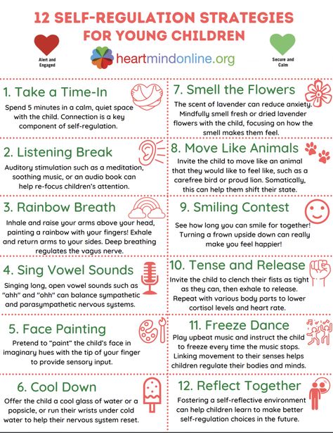 12 Self-Regulation Strategies for Young Children | Heart-Mind Online Self Regulation Techniques, Emotional Regulation Strategies, Attachment Therapy Activities, Occupational Therapy Emotional Regulation Activities, Co Regulation Activities, Kindergarten Emotional Regulation, Self Regulation Strategies For Kids, Dmdd Strategies, Emotion Regulation For Kids