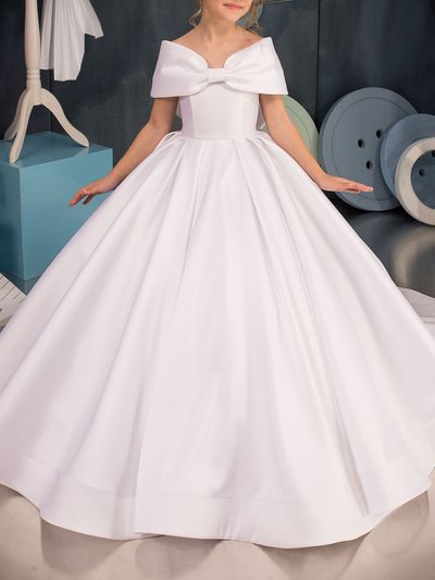 Ball-Gown/Princess Short Sleeves Satin First Communion Dresses Flower Girl Dresses Girls Birthday Dresses Sweep Train Bow Ivory #227244 - lalamira White Dress For Kids Girl, White Dresses For Kids, White Dress For Kids, Princess Dresses Kids Ball Gowns, Satin Princess Dress, Bridal Satin Dress, Girls Birthday Dresses, Kids Wedding Dress, Comunion Dress