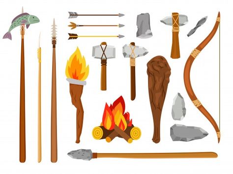 Cartoon stone age tools Premium Vector | Premium Vector #Freepik #vector #arrow #cartoon #bow #human Stone Age Animals, Stone Age People, Stone Age Man, Stone Age Art, Stone Age Tools, Human Vector, Flat Icons Set, Stone Age, Icon Set Vector