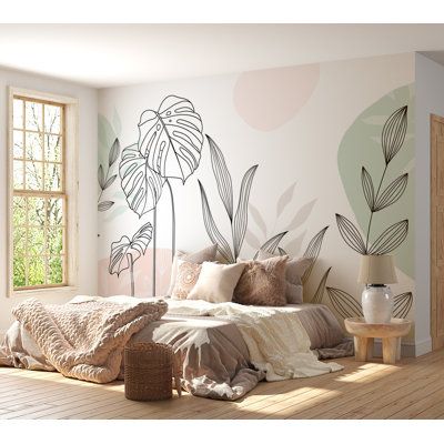 Peel & Stick Wall MuralIf you're looking for a quick and easy way to transform your walls, you're in the right place. This Peel & Stick Wall Mural offers an innovative, modern feel that reflects your personal style, all without the high cost of a designer. It's easy to install and made from durable, high-quality materials, providing a hassle-free way to create a striking focal point in any room. Our premium removable murals come in a variety of stunning designs, allowing you to customize your s… Greenery Mural Painting, Palm Leaves Stencil On Wall, Large Flower Wall Decals, Accent Art Wall, Boho Bedroom Mural, Mural Wall Art Bedrooms, Simple Nursery Mural, Peel And Stick Wallpaper Bedroom Ideas, Flower Mural Bedroom