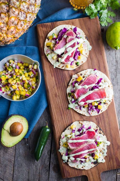 Ahi Tuna Tacos, Tuna Tacos, Tuna Steak Recipes, Pineapple Salsa Recipe, Tuna Steak, Fresh Tuna, Ahi Tuna, Pineapple Salsa, Tuna Recipes